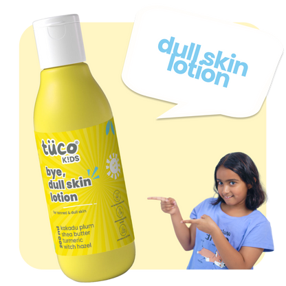 TuCo Kids Bye, Dull Skin Lotion is a natural skincare solution for kids aged 3 and up. Crafted with Kakadu Plum for brightening, Shea Butter for deep hydration, and Turmeric to even out skin tone, this lotion reduces dark spots and leaves skin soft, smooth, and healthy.